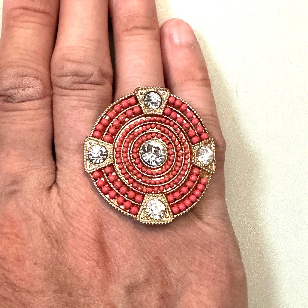 2 for $30 Coral and Gold Beaded Statement Stretch Ring